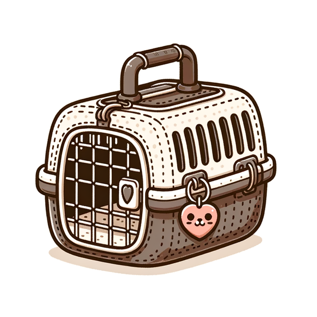 A cute digital hand-drawn image of a pet carrier with mesh sides and a little heart tag, isolated clipart on a solid white background, no additional descriptive elements or backgrounds.