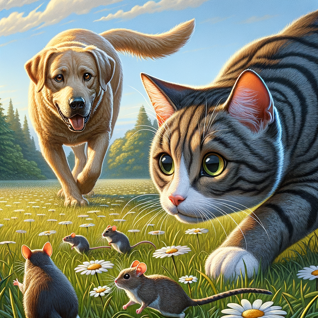 cat hunting mice but finds dog and runs