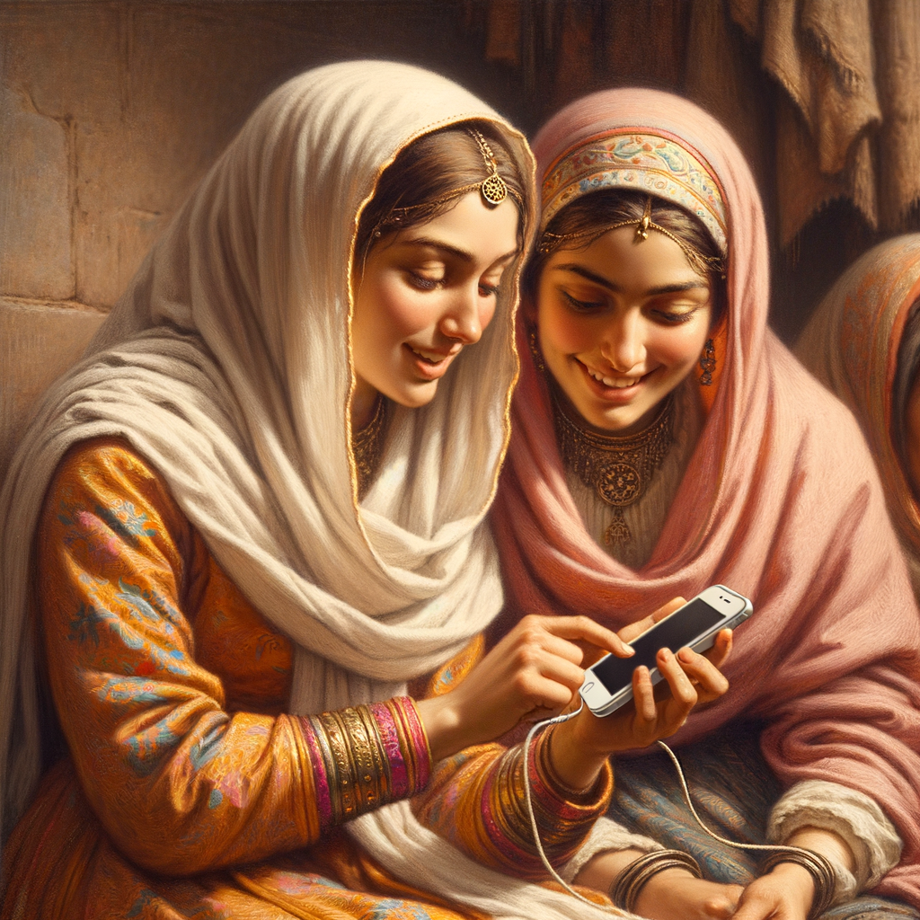 a mother and her adult daughter in a 17th-century setting, with the daughter showing her smartphone to her mother and giggling.