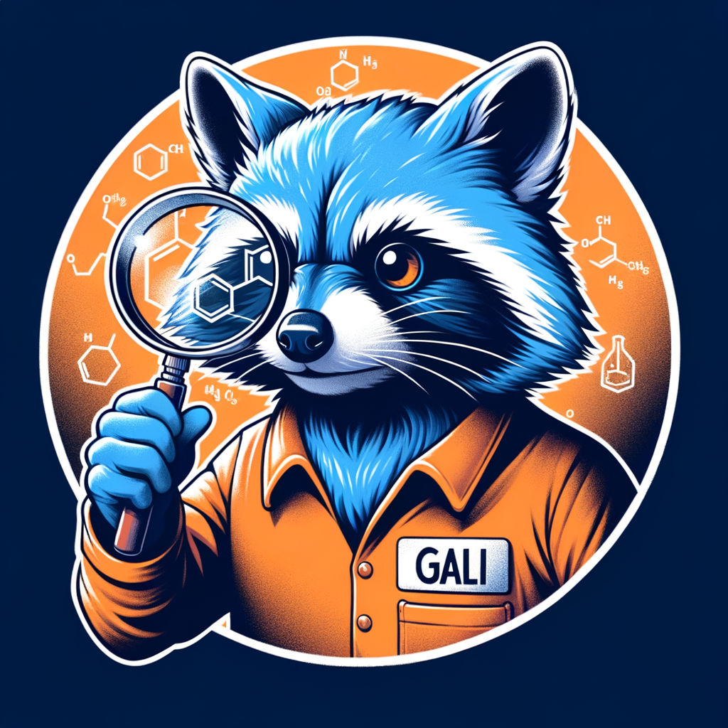 crea la imagen SEMI REALISTA de un mapache de color azul, que es muy curioso y  con una lupa observando ELEMENTOS QUÍMICOS observando al mundo a travez de su lupa y motivado por su curiosidad y deseo de saber con una camisa color naranja con la palabra "GALI"