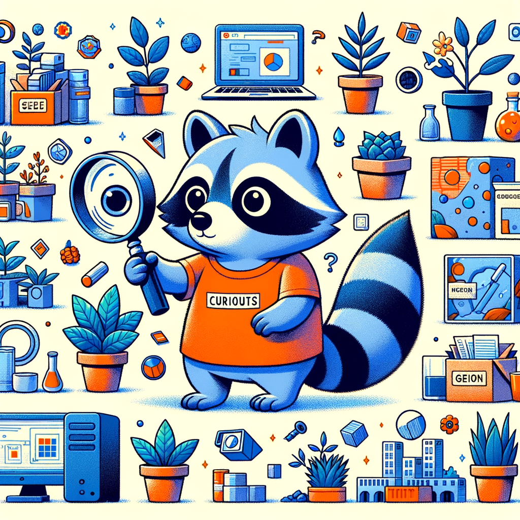 crea la imagen de un mapache de color azul, que es muy curioso y se muestra en varias situaciones, con una lupa observando plantas, edificios, materiales, computadoras y toda clase de cosas de nuestro mundo, incluso observando al mundo a travez de su lupa y motivado por su curiosidad y deseo de saber con una camisa color naranja con la palabra "GALI"