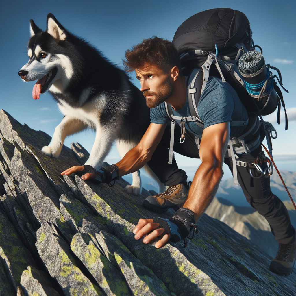 a guy climbing a mountain with his husky