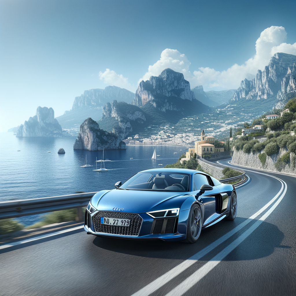 Genera un audi r8 performance colore arablue in un paesaggio di mare stile capri