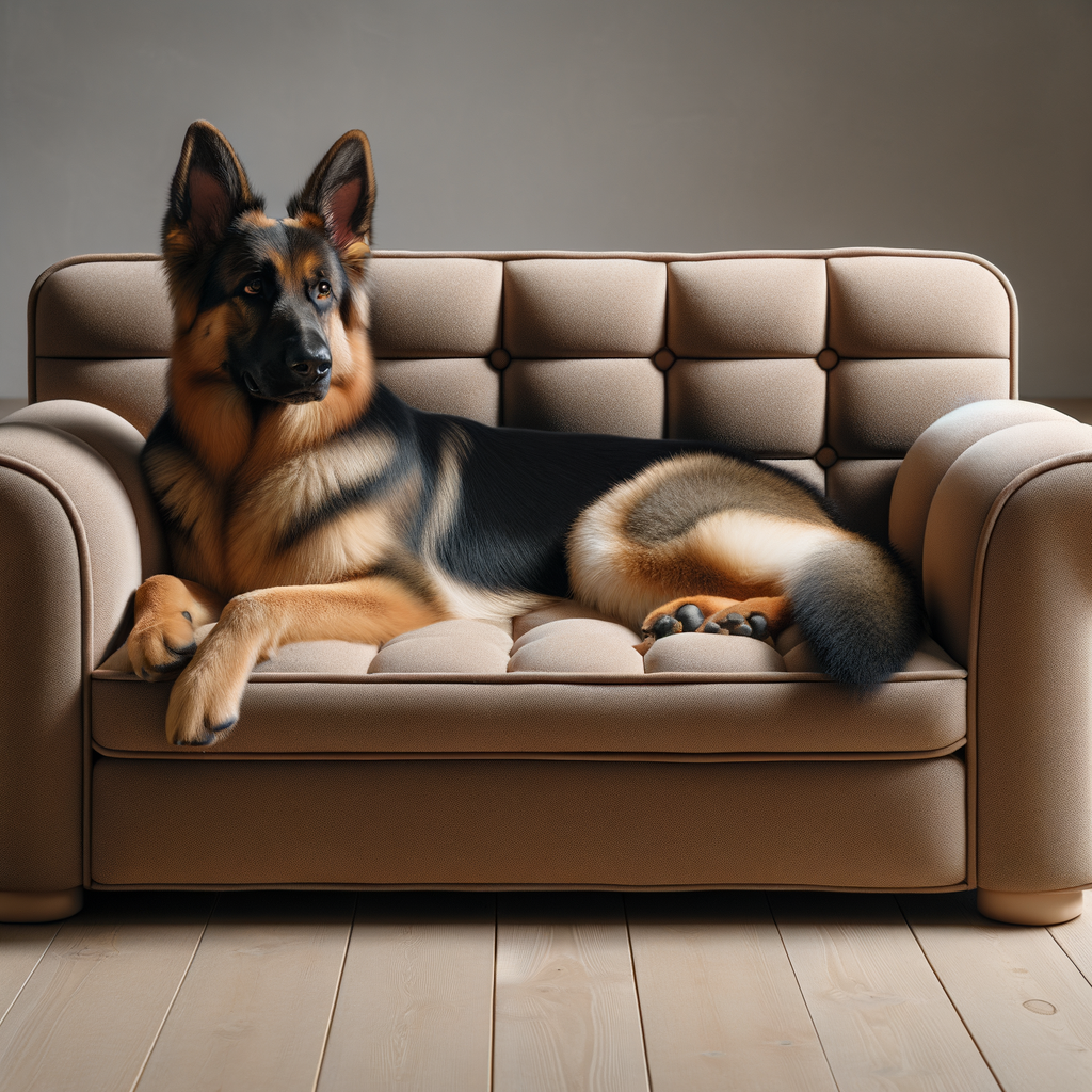 legowisko w postaci kanapy dla psa z owczarkiem niemieckim