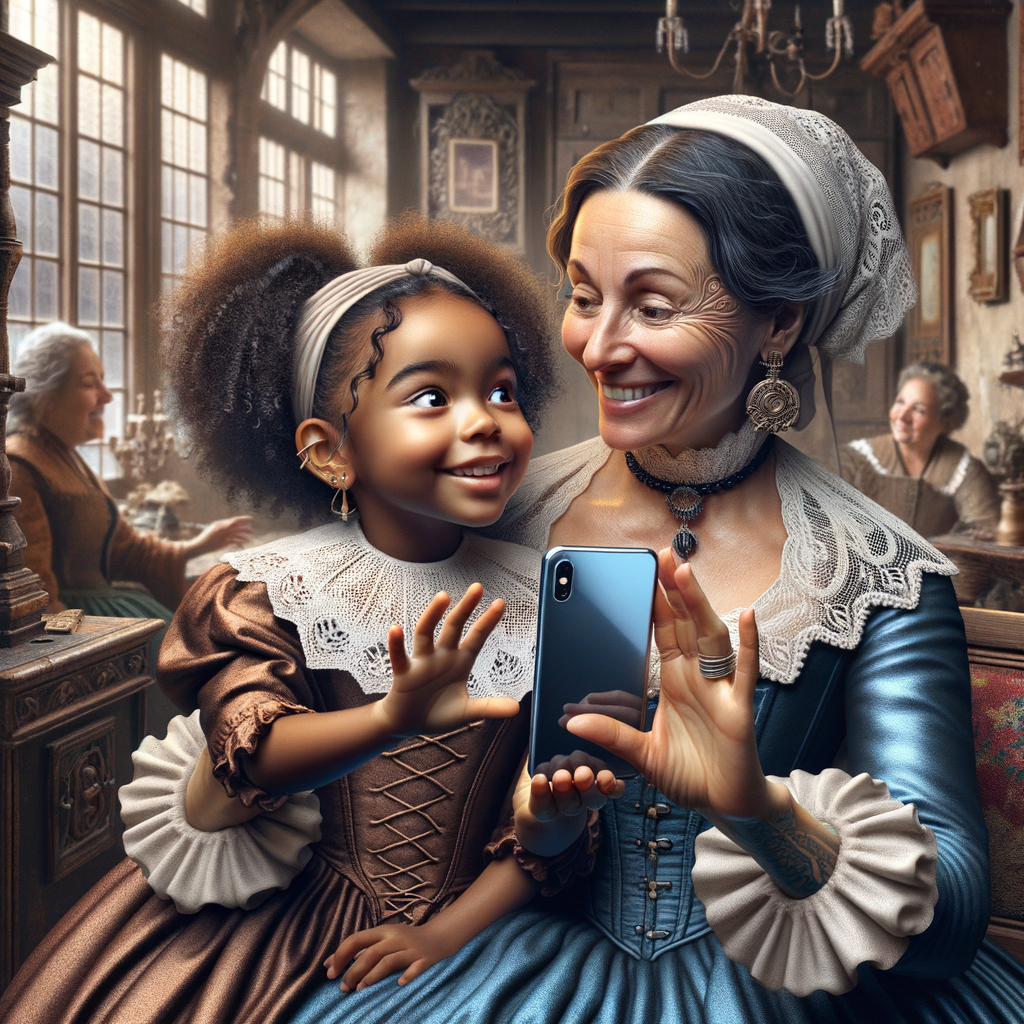 a mother and her adult daughter in a 17th-century setting, with the daughter showing her smartphone to her mother and giggling.