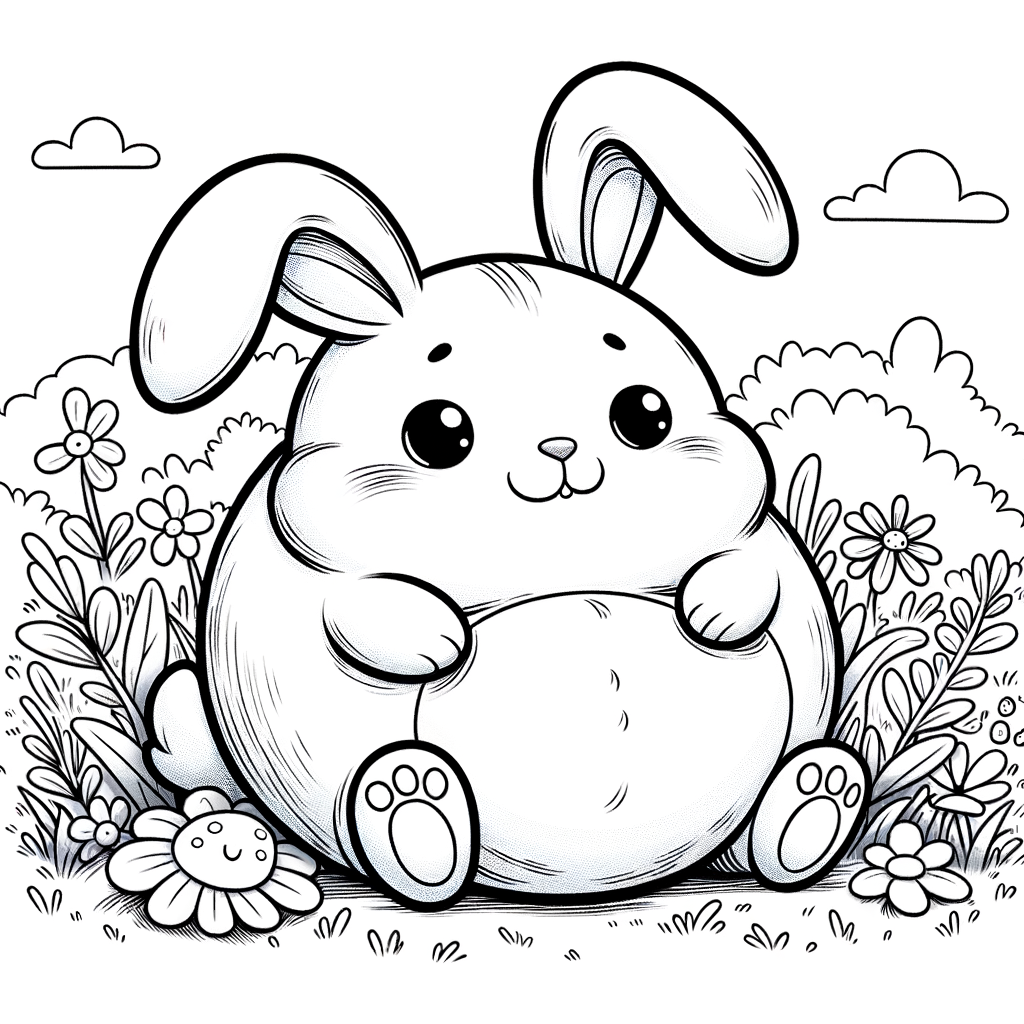 Funny fat rabbit. Black and white colouring page sketch for kids