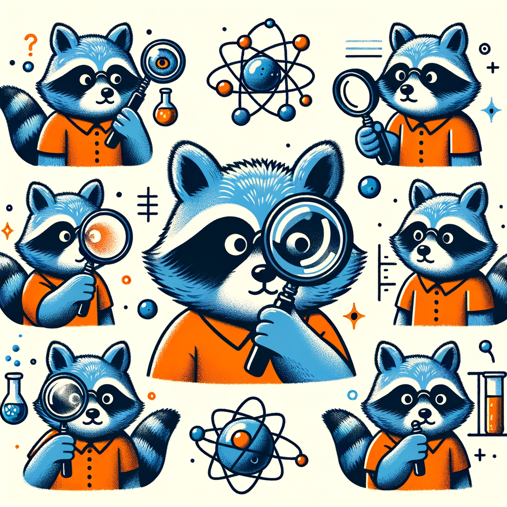 crea la imagen de un mapache de color azul, que es muy curioso y se muestra en varias situaciones, con una lupa observando ATOMOS observando al mundo a travez de su lupa y motivado por su curiosidad y deseo de saber con una camisa color naranja con la palabra "GALI"