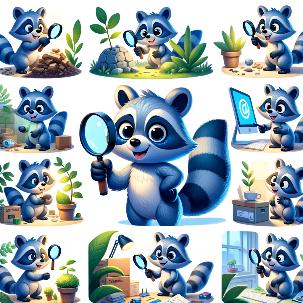 crea la imagen de un mapache de color azul, que es muy curioso y se muestra en varias situaciones, con una lupa observando plantas, edificios, materiales, computadoras y toda clase de cosas de nuestro mundo, incluso observando al mundo a travez de su lupa y motivado por su curiosidad y deseo de saber
