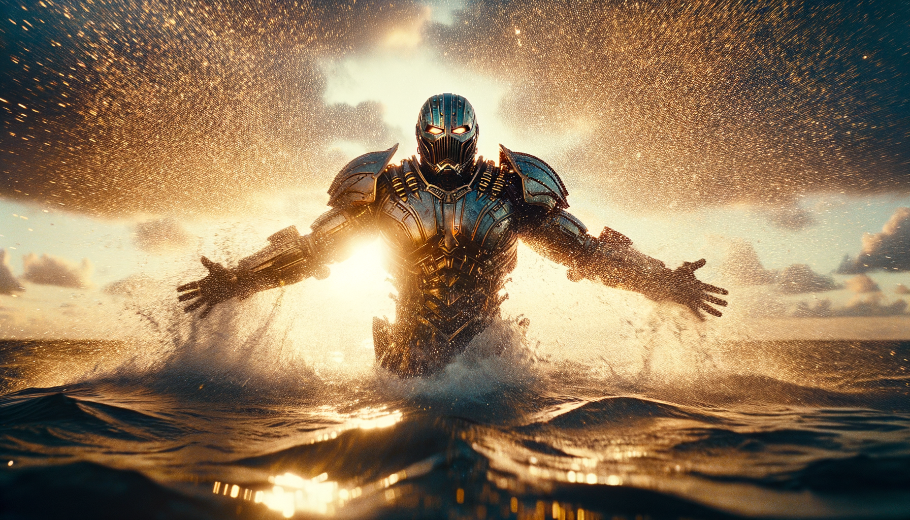 Bursting out of the ocean in slow motion as the sun sets behind them. Water sprays around them, golden glow reflecting on their armor. Pixel smiles triumphantly. Style: Slow-motion action, sunset backlight, golden hour tones Camera: Reverse tracking from underwater to surface burst Mood: Triumphant, cinematic climax