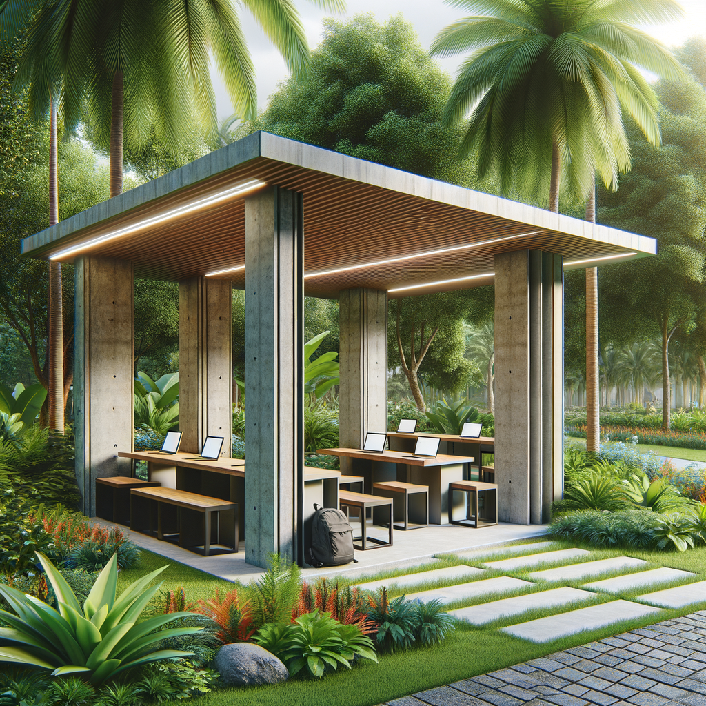 Create an image of a section in a park specifically designed for young people to come and work on tasks. The area should include Wi-Fi and be built with durable materials like exposed concrete, requiring minimal maintenance. Incorporate benches and integrated tables, which could be designed as kiosks or a single central area. The structure should be protected from sun and rain, featuring a functional and aesthetically pleasing roof. Surround the area with tropical vegetation and a landscaping touch, such as palm trees, shrubs, and colorful flowers, to create a fresh and inviting atmosphere. Ensure the design is modern and minimalist, with clean lines and a balance between natural and constructed elements.