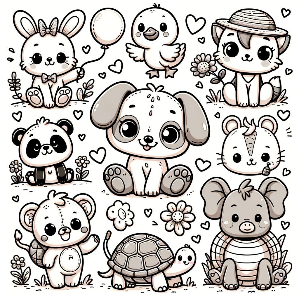 Cartoon puppy with floppy ears sitting and smiling, simple line art  Happy kitten with big eyes and a bow tie, easy coloring style  Baby elephant holding a balloon, thick outlines  Cute bunny with a carrot, minimal detail  Chubby panda waving with heart shapes around it, clean lines  Little duckling wearing a sunhat, simple shapes  Smiling turtle with a round shell, easy to color  Friendly lion with a tiny mane and big eyes, cartoon style  Kawaii fox curled up sleeping, thick line art  Happy giraffe with stars around its head, minimal detail  Cute owl with glasses sitting on a branch, simple coloring page  Cartoon cow with flower crown, easy shapes  Baby pig with curly tail and a mud puddle, clean outlines  Chibi-style sloth hanging from a tree, minimal detail  Happy hedgehog holding a mushroom, simple line art  Smiling koala hugging a tree, thick outlines  Cute raccoon peeking out of a trash can, cartoon style  Little bear with a honey jar, easy coloring style  Happy frog sitting on a lily pad, simple shapes  Cute squirrel holding an acorn, minimal detail