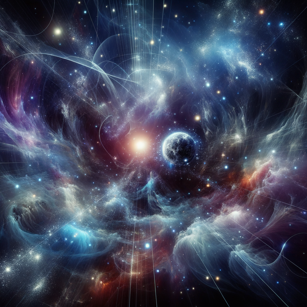 Una visión futurista y abstracta del universo, inmensa y sobrecogedora, donde un sistema solar diminuto y detallado flota como un punto insignificante entre vastas galaxias, nebulosas arremolinadas y cúmulos estelares brillantes. El espacio está impregnado de líneas de código digital translúcidas y luminosas que serpentean entre las estrellas, como si el universo mismo estuviera programado por una inteligencia superior. Tonos profundos de azul cósmico, púrpura majestuoso y destellos de blanco estelar dominan la paleta, con un estilo visual que fusiona tecnología y arte: detalles nítidos de ciencia ficción, texturas etéreas y un brillo futurista. La composición evoca grandeza y misterio, invitando a reflexionar sobre la creación y la imaginación en la era de la IA. Resolución ultra alta, iluminación dramática, perspectiva expansiva.