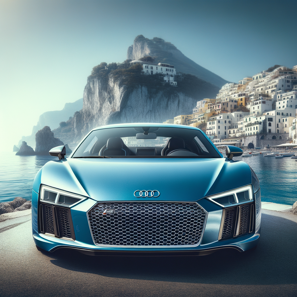 Genera un audi r8 performance iper realistica colore arablue in un paesaggio di mare stile capri