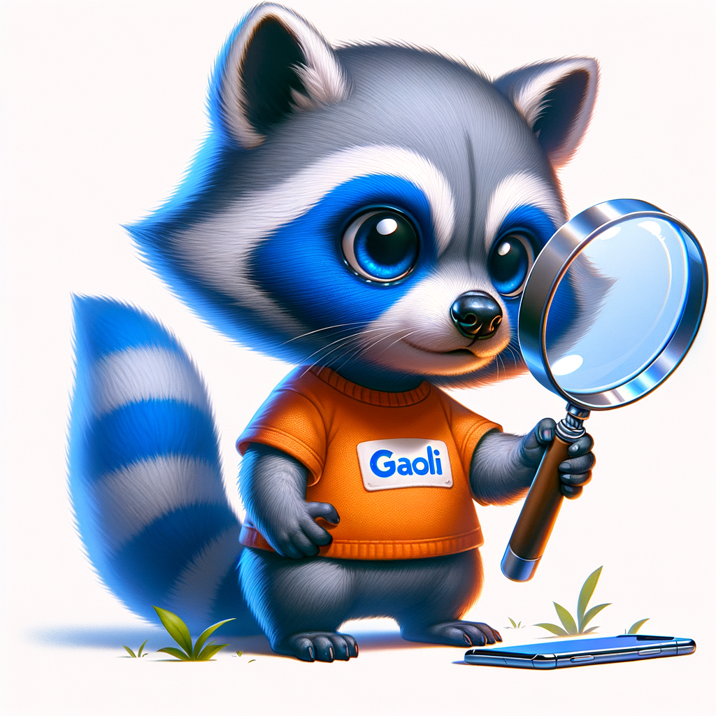crea la imagen SEMI REALISTA de un mapache INFANTE de color azul, que es muy curioso y  con una lupa observando TELEFONOS CELULAR observando al mundo a travez de su lupa y motivado por su curiosidad y deseo de saber con una camisa color naranja con la palabra "GALI"