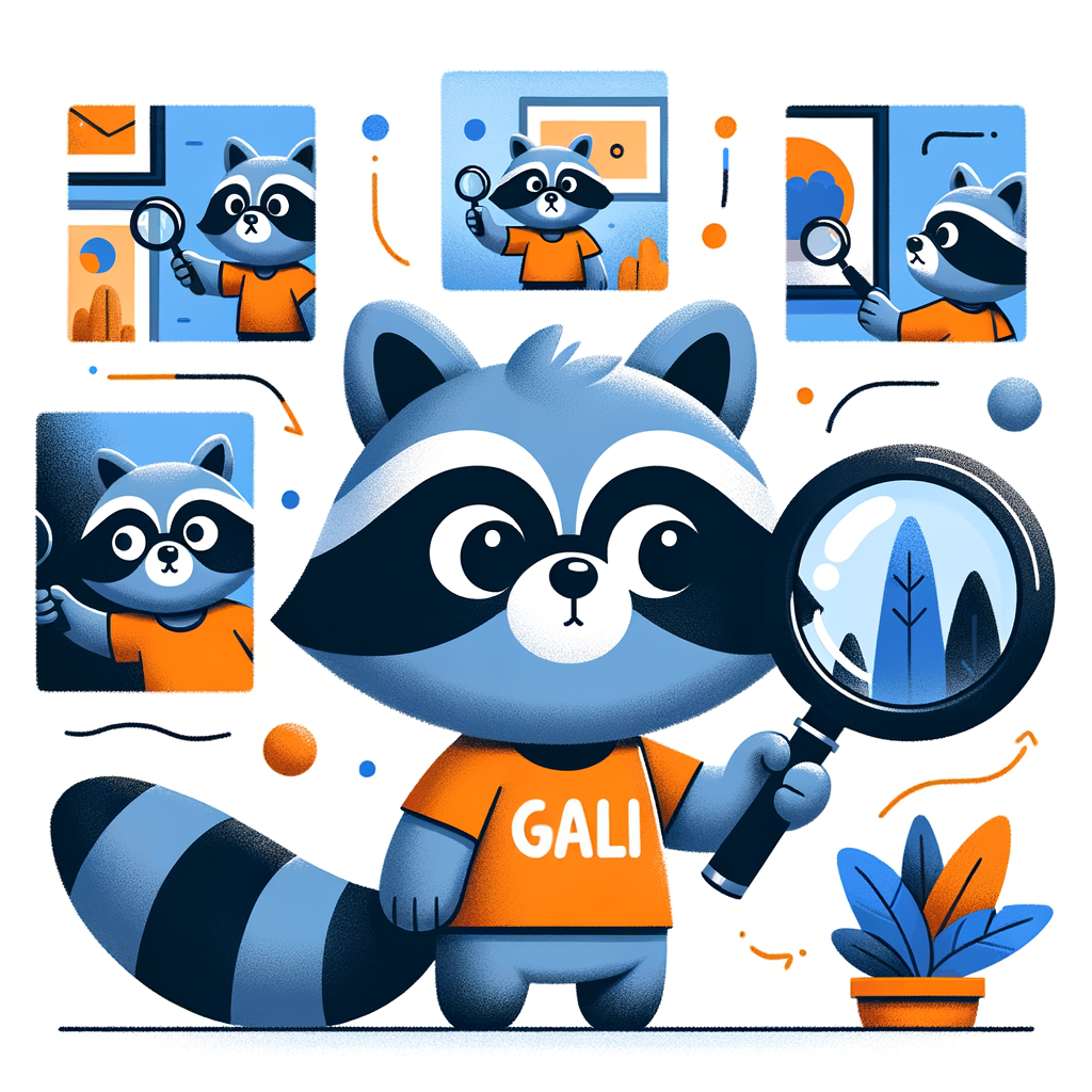 crea la imagen de un mapache de color azul, que es muy curioso y se muestra en varias situaciones, con una lupa observando OBRAS DE ARTE observando al mundo a travez de su lupa y motivado por su curiosidad y deseo de saber con una camisa color naranja con la palabra "GALI"