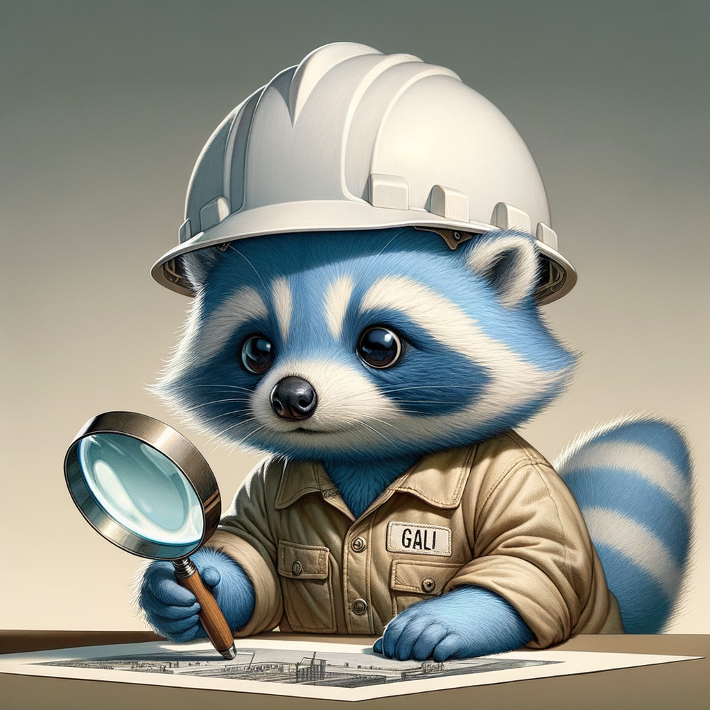 crea la imagen SEMI REALISTA de un mapache INFANTE de color azul, que es muy curioso y con una lupa observando OBRAS DE ARTE observando al mundo a travez de su lupa y motivado por su curiosidad y deseo de saber con UN CASCO BLANCO DE ARQUITECTO, CAMISA MANGA LARGA COLOR CAQUI con la palabra "GALI"