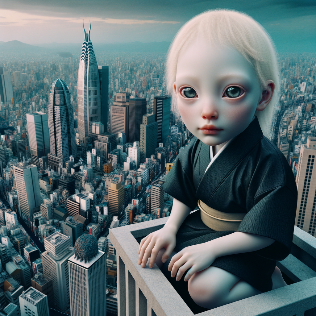 Arte conceptual surrealista de Un niño albino blanco japonés con un aspecto dulce y misterioso sentado en un rascacielos observando la ciudad