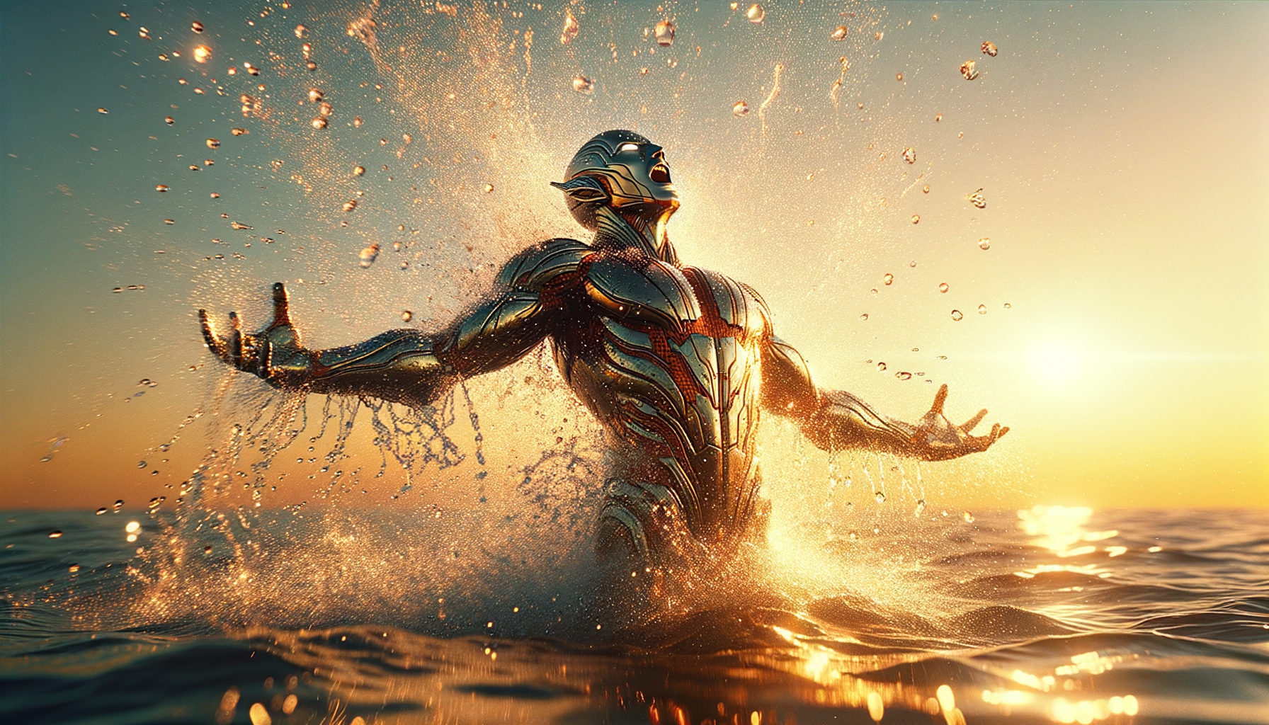 Bursting out of the ocean in slow motion as the sun sets behind them. Water sprays around them, golden glow reflecting on their armor. Pixel smiles triumphantly. Style: Slow-motion action, sunset backlight, golden hour tones Camera: Reverse tracking from underwater to surface burst Mood: Triumphant, cinematic climax