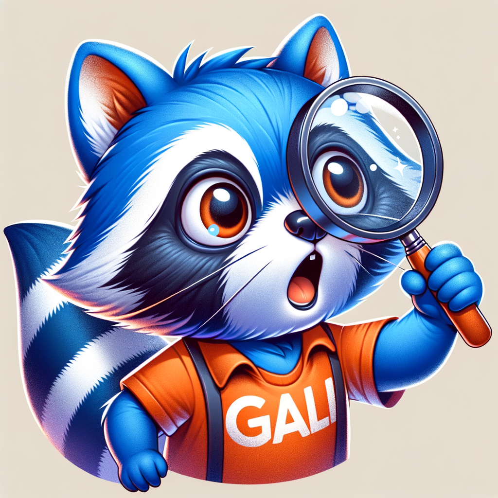 crea la imagen SEMI REALISTA de un mapache de color azul, que es muy curioso y  con una lupa observando OBRAS DE ARTE observando al mundo a travez de su lupa y motivado por su curiosidad y deseo de saber con una camisa color naranja con la palabra "GALI"