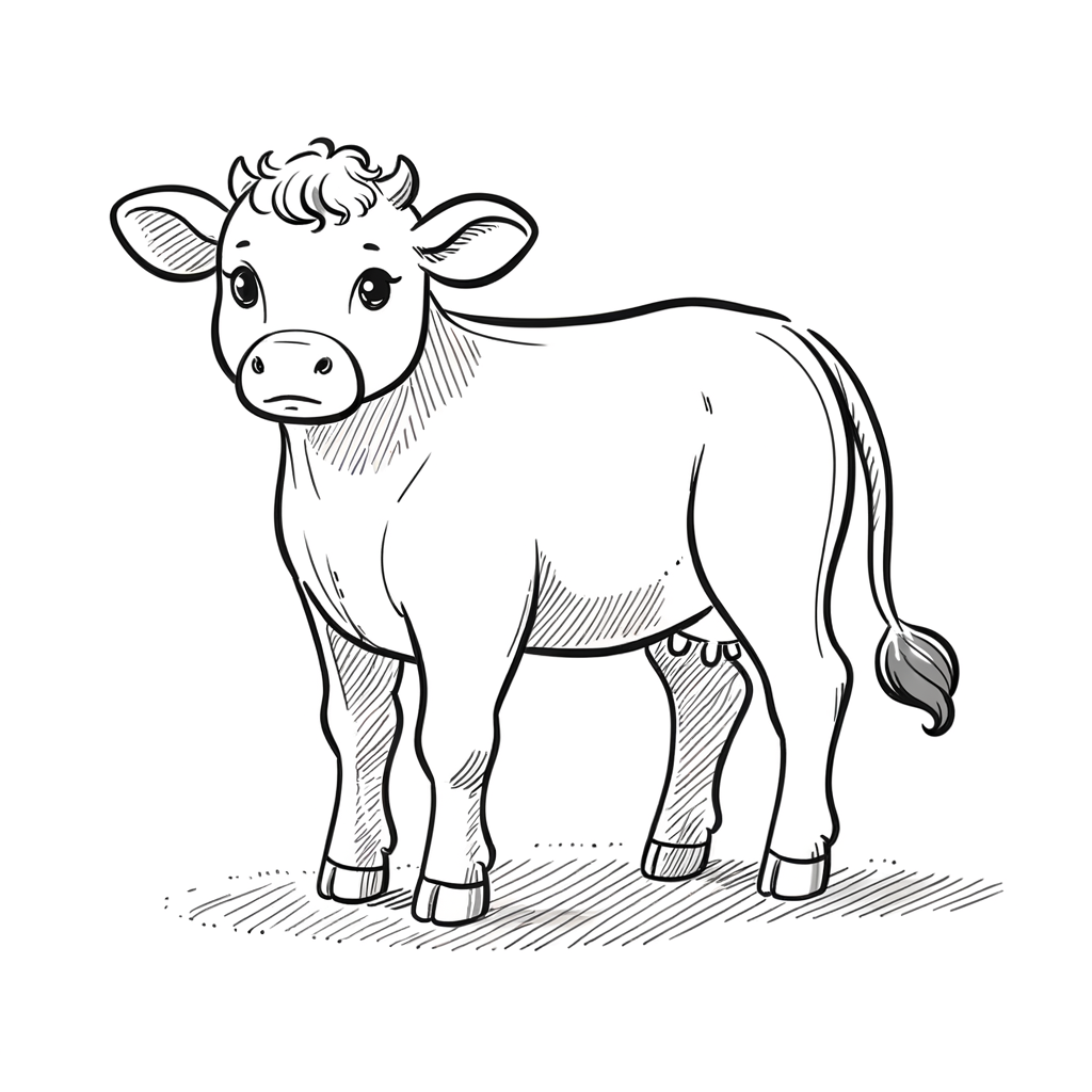 Black and white colouring page sketch for kids. Just one cow.