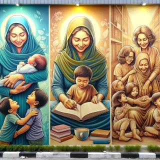crea una imagen de un triptico horizontal para un mural en 3 partes, los temas pueden ser sombre la importancia de la madre, calculado para un muro como de 17m de ancho y 5m de alto