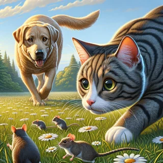 cat hunting mice but finds dog and runs