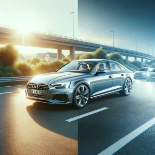 6 photos of Audi car in day light. photos realistic and real land