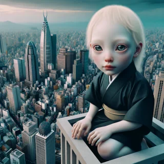 Arte conceptual surrealista de Un niño albino blanco japonés con un aspecto dulce y misterioso sentado en un rascacielos observando la ciudad