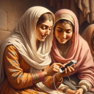 a mother and her adult daughter in a 17th-century setting, with the daughter showing her smartphone to her mother and giggling.