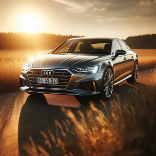 Un Audi A6 C7 în format QHD, pe un câmp,folosind golden hour