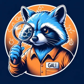 crea la imagen SEMI REALISTA de un mapache de color azul, que es muy curioso y  con una lupa observando ELEMENTOS QUÍMICOS observando al mundo a travez de su lupa y motivado por su curiosidad y deseo de saber con una camisa color naranja con la palabra "GALI"