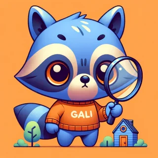 crea la imagen de un mapache de color azul, que es muy curioso y se muestra en varias situaciones, con una lupa observando CONSTRUCCIONES Y EDIFICIOS observando al mundo a travez de su lupa y motivado por su curiosidad y deseo de saber con una camisa color naranja con la palabra "GALI"