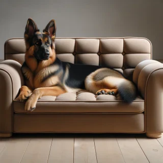 legowisko w postaci kanapy dla psa z owczarkiem niemieckim