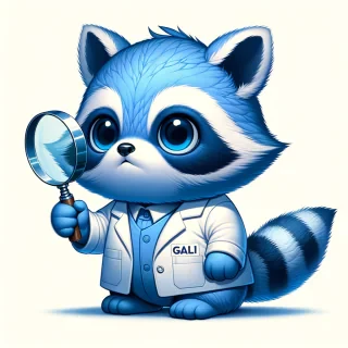 crea la imagen SEMI REALISTA de un mapache INFANTE de color azul, que es muy curioso y  con una lupa observando OBRAS DE ARTE observando al mundo a travez de su lupa y motivado por su curiosidad y deseo de saber con una BATA BLANCA con la palabra "GALI"