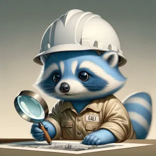 crea la imagen SEMI REALISTA de un mapache INFANTE de color azul, que es muy curioso y con una lupa observando OBRAS DE ARTE observando al mundo a travez de su lupa y motivado por su curiosidad y deseo de saber con UN CASCO BLANCO DE ARQUITECTO, CAMISA MANGA LARGA COLOR CAQUI con la palabra "GALI"