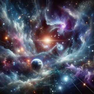 Una visión futurista y abstracta del universo, inmensa y sobrecogedora, donde un sistema solar diminuto y detallado flota como un punto insignificante entre vastas galaxias, nebulosas arremolinadas y cúmulos estelares brillantes. El espacio está impregnado de líneas de código digital translúcidas y luminosas que serpentean entre las estrellas, como si el universo mismo estuviera programado por una inteligencia superior. Tonos profundos de azul cósmico, púrpura majestuoso y destellos de blanco estelar dominan la paleta, con un estilo visual que fusiona tecnología y arte: detalles nítidos de ciencia ficción, texturas etéreas y un brillo futurista. La composición evoca grandeza y misterio, invitando a reflexionar sobre la creación y la imaginación en la era de la IA. Resolución ultra alta, iluminación dramática, perspectiva expansiva.