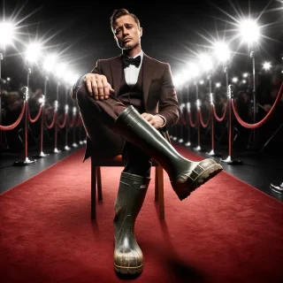 classy movie start on red carpet, wearing dirt wellies