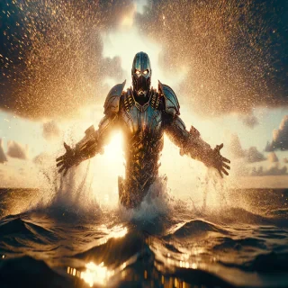 Bursting out of the ocean in slow motion as the sun sets behind them. Water sprays around them, golden glow reflecting on their armor. Pixel smiles triumphantly. Style: Slow-motion action, sunset backlight, golden hour tones Camera: Reverse tracking from underwater to surface burst Mood: Triumphant, cinematic climax