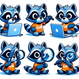 crea la imagen de un mapache de color azul, que es muy curioso y se muestra en varias situaciones, con una lupa observando COMPUTADORAS, observando al mundo a travez de su lupa y motivado por su curiosidad y deseo de saber con una camisa color naranja con la palabra "GALI"