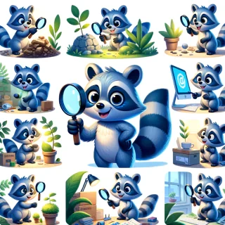 crea la imagen de un mapache de color azul, que es muy curioso y se muestra en varias situaciones, con una lupa observando plantas, edificios, materiales, computadoras y toda clase de cosas de nuestro mundo, incluso observando al mundo a travez de su lupa y motivado por su curiosidad y deseo de saber