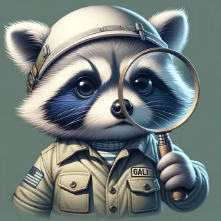 crea la imagen SEMI REALISTA de un mapache INFANTE de color azul, que es muy curioso y con una lupa observando OBRAS DE ARTE observando al mundo a travez de su lupa y motivado por su curiosidad y deseo de saber con UN CASCO BLANCO, CAMISA MANGA LARGA COLOR CAQUI  con la palabra "GALI"