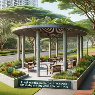 Me gustaría una imagen de una sección en un parque, destinada para que los jóvenes lleguen y realicen tareas, contarán con wifi, que sea de material duradero como concreto, que no requiera mucho mantenimiento, por lo que seria concreto aparente, bancas, algún tipo de mesa, pueden ser tipo quioscos o una sola área, deberá estar protegida para sol y lluvia, con áreas verdes de vegetación tropical con toque paisajístico al rededor.