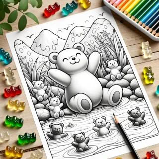 Gumibears. Black white colouring page sketch for kids.