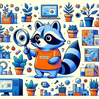 crea la imagen de un mapache de color azul, que es muy curioso y se muestra en varias situaciones, con una lupa observando plantas, edificios, materiales, computadoras y toda clase de cosas de nuestro mundo, incluso observando al mundo a travez de su lupa y motivado por su curiosidad y deseo de saber con una camisa color naranja con la palabra "GALI"