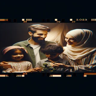 A man feeling happy with his family of a wife and 2 children( boy, girl)