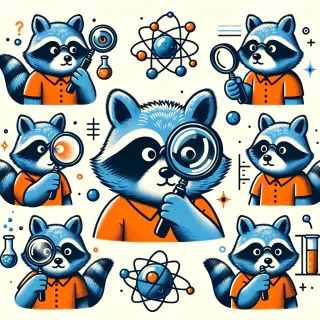 crea la imagen de un mapache de color azul, que es muy curioso y se muestra en varias situaciones, con una lupa observando ATOMOS observando al mundo a travez de su lupa y motivado por su curiosidad y deseo de saber con una camisa color naranja con la palabra "GALI"