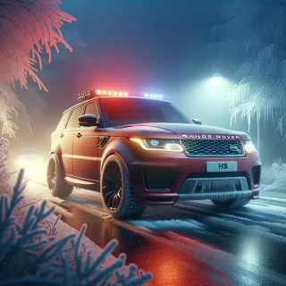 Range ROVER Sport HSE Red, on a snowy driveway.. with hazard light on. Make looks very realistic, without issues, and în QHD format..High details