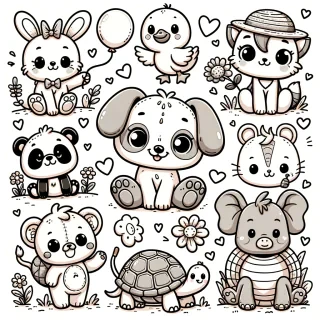 Cartoon puppy with floppy ears sitting and smiling, simple line art  Happy kitten with big eyes and a bow tie, easy coloring style  Baby elephant holding a balloon, thick outlines  Cute bunny with a carrot, minimal detail  Chubby panda waving with heart shapes around it, clean lines  Little duckling wearing a sunhat, simple shapes  Smiling turtle with a round shell, easy to color  Friendly lion with a tiny mane and big eyes, cartoon style  Kawaii fox curled up sleeping, thick line art  Happy giraffe with stars around its head, minimal detail  Cute owl with glasses sitting on a branch, simple coloring page  Cartoon cow with flower crown, easy shapes  Baby pig with curly tail and a mud puddle, clean outlines  Chibi-style sloth hanging from a tree, minimal detail  Happy hedgehog holding a mushroom, simple line art  Smiling koala hugging a tree, thick outlines  Cute raccoon peeking out of a trash can, cartoon style  Little bear with a honey jar, easy coloring style  Happy frog sitting on a lily pad, simple shapes  Cute squirrel holding an acorn, minimal detail