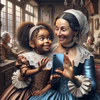 a mother and her adult daughter in a 17th-century setting, with the daughter showing her smartphone to her mother and giggling.