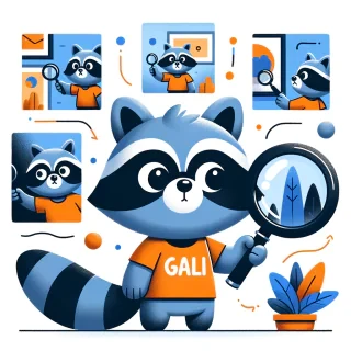 crea la imagen de un mapache de color azul, que es muy curioso y se muestra en varias situaciones, con una lupa observando OBRAS DE ARTE observando al mundo a travez de su lupa y motivado por su curiosidad y deseo de saber con una camisa color naranja con la palabra "GALI"